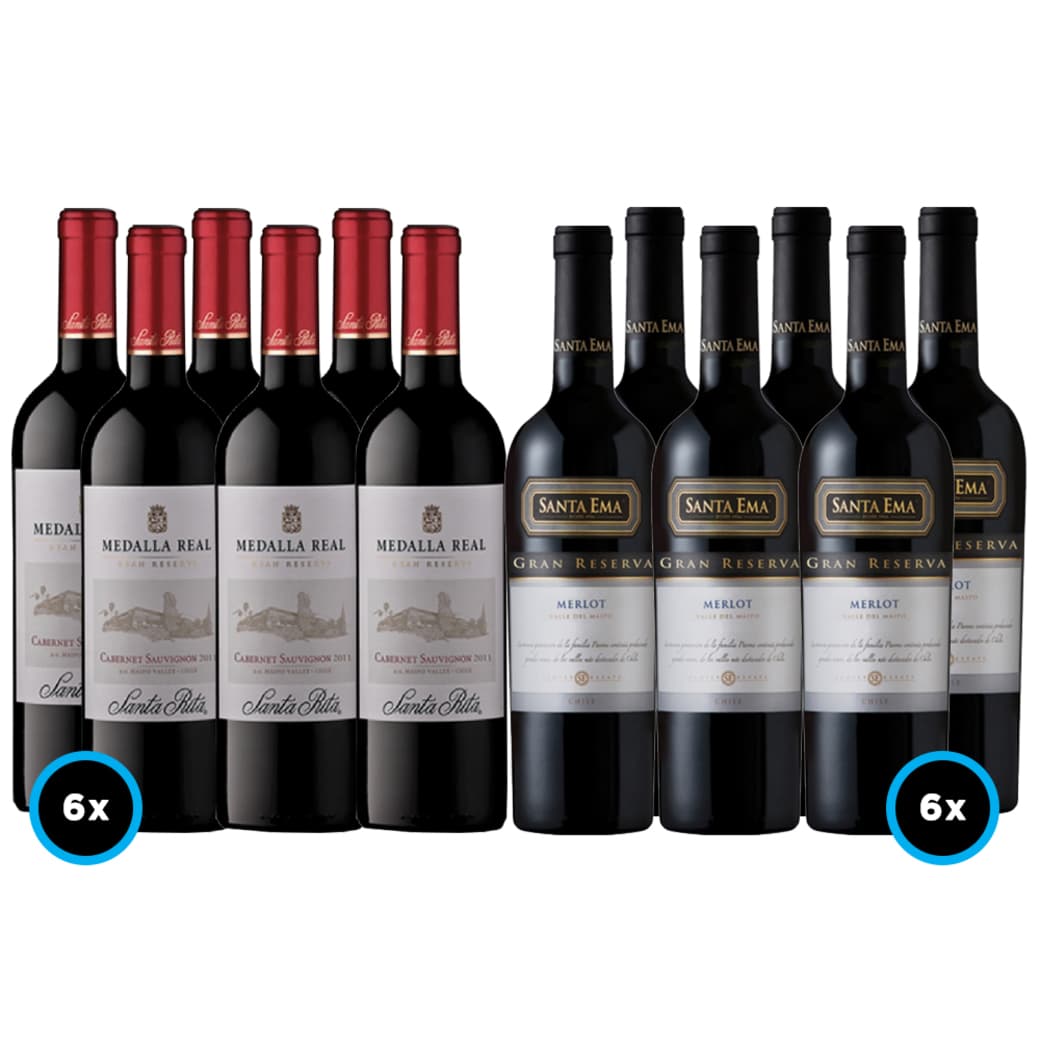 PACK SANTA EMA REAL: 6x Vino Medalla Real Gran Reserva Cabernet Sauvignon 750cc + 6x Vino Santa Ema Gran Reserva Merlot 750cc_1