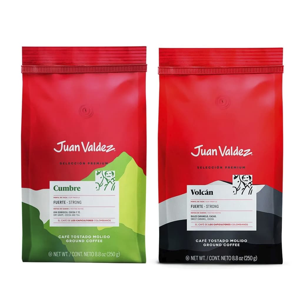 DÚO JUAN VALDEZ N°1: 1x Café Juan Valdez Tostado Molido Cumbre 250 grs. + 1x Café Juan Valdez Tostado Molido Volcán 250 grs._1