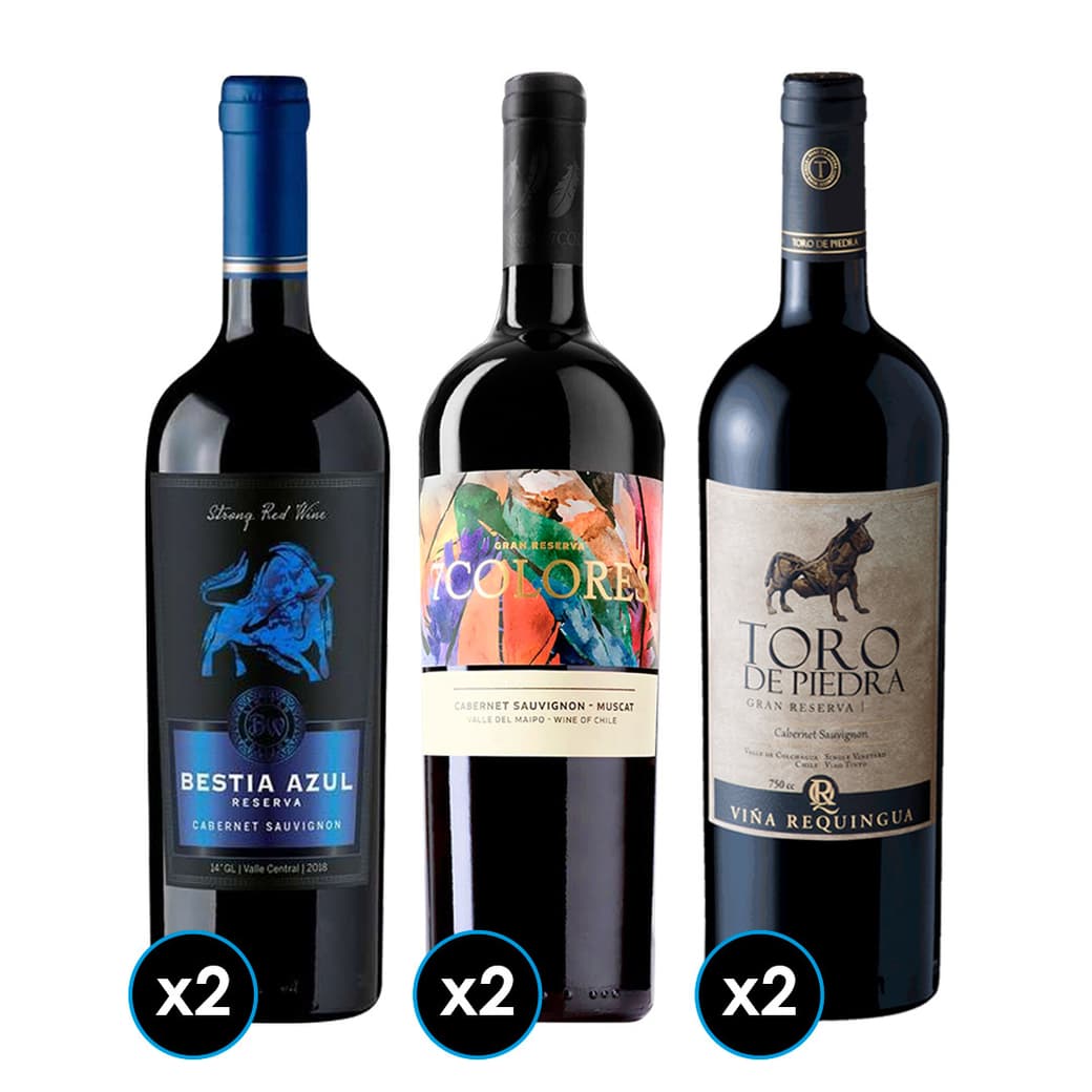 PACK PARRILLERO TINTOS:  2x Vino Toro de Piedra Cabernet Sauvignon 750cc + 2x Vino 7 Colores Gran Reserva Cabernet Sauvignon 750cc + 2x Vino Bestia Azul Cabernet Sauvignon 750cc_1