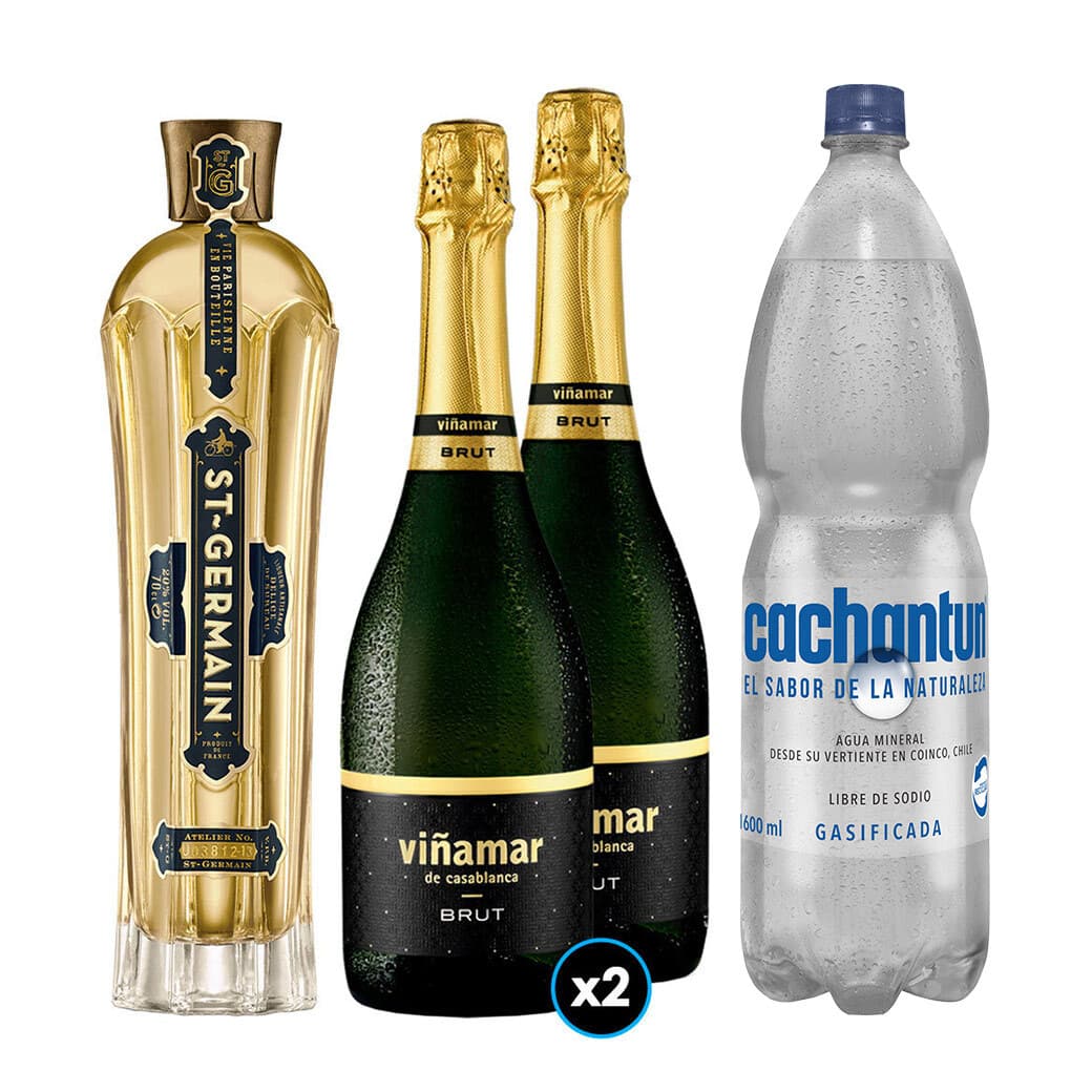 PACK SPRITZ PERFECTO N°16 1x Saint Germain Licor de Flores de Sauco 750cc + 2x Espumante Viñamar Charmat Brut 750cc + 1x Agua Mineral Cachantun Con Gas 1.6 Litros_1