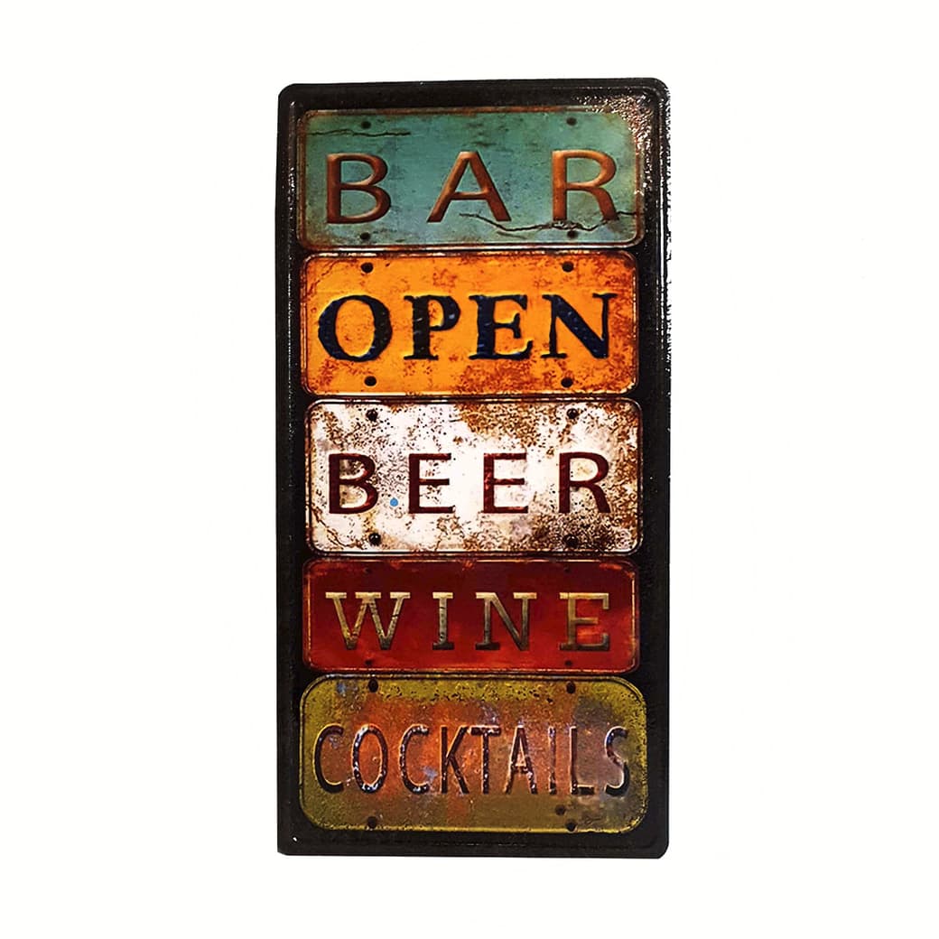 Afiche Bar, Open, Beer, Wine &amp; Cocktails Metálico 15 x 30 cm._1