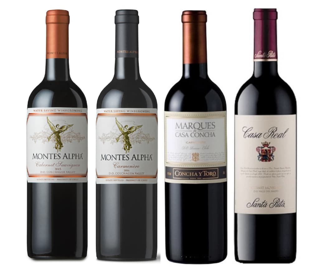 PACK ALPHA MARQUES CASA: Vino Montes Alpha Cabernet Sauvignon 750cc + Vino Montes Alpha Carmenere 750cc + Vino Marques de Casa Concha Carmenere 750cc + Vino Casa Real Cabernet Sauvignon 750cc_1
