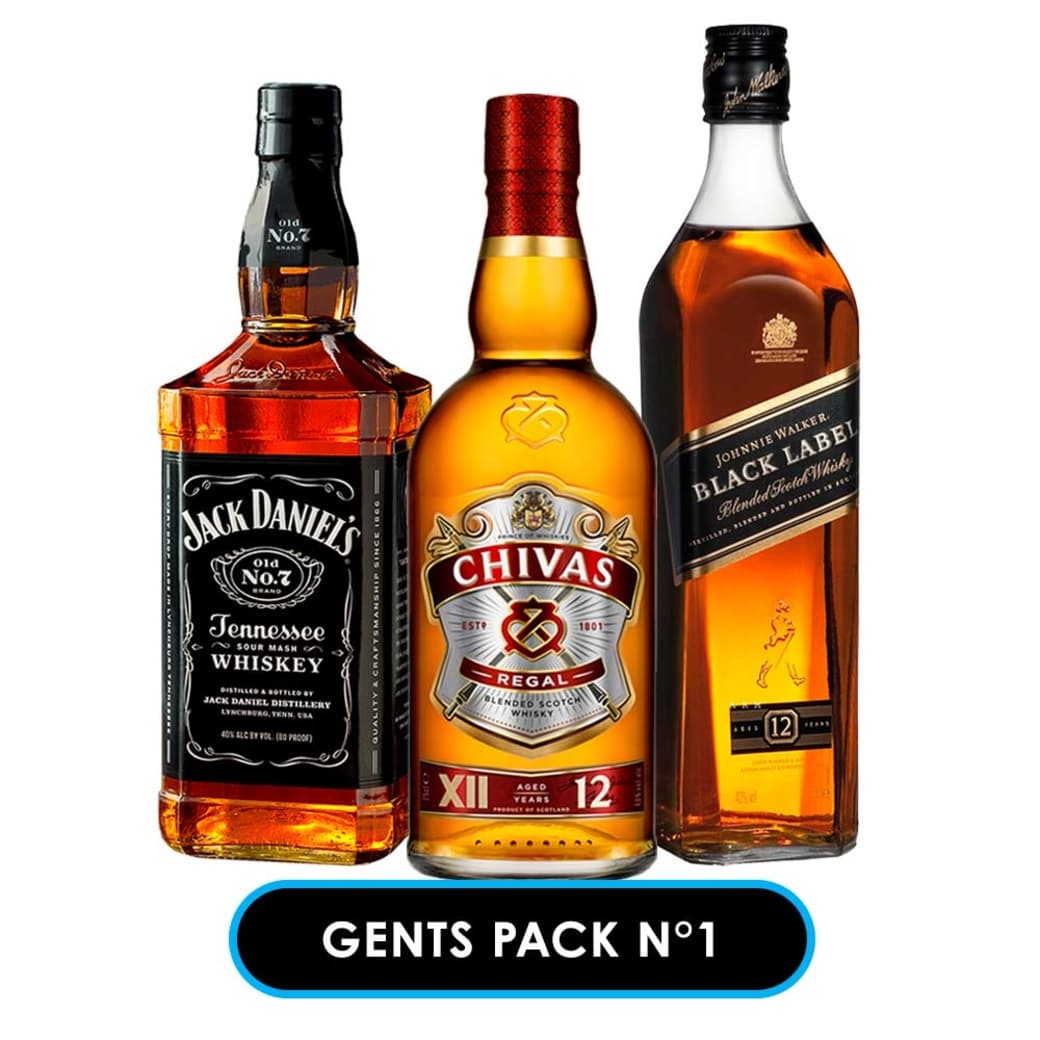 GENTS PACK Nº1: Whiskey Jack Daniels Old N7 750cc 40º alc. + Whisky Chivas Regal 12 años 750cc 40º alc. + Whisky Johnnie Walker Black Label 750cc 40º alc._1