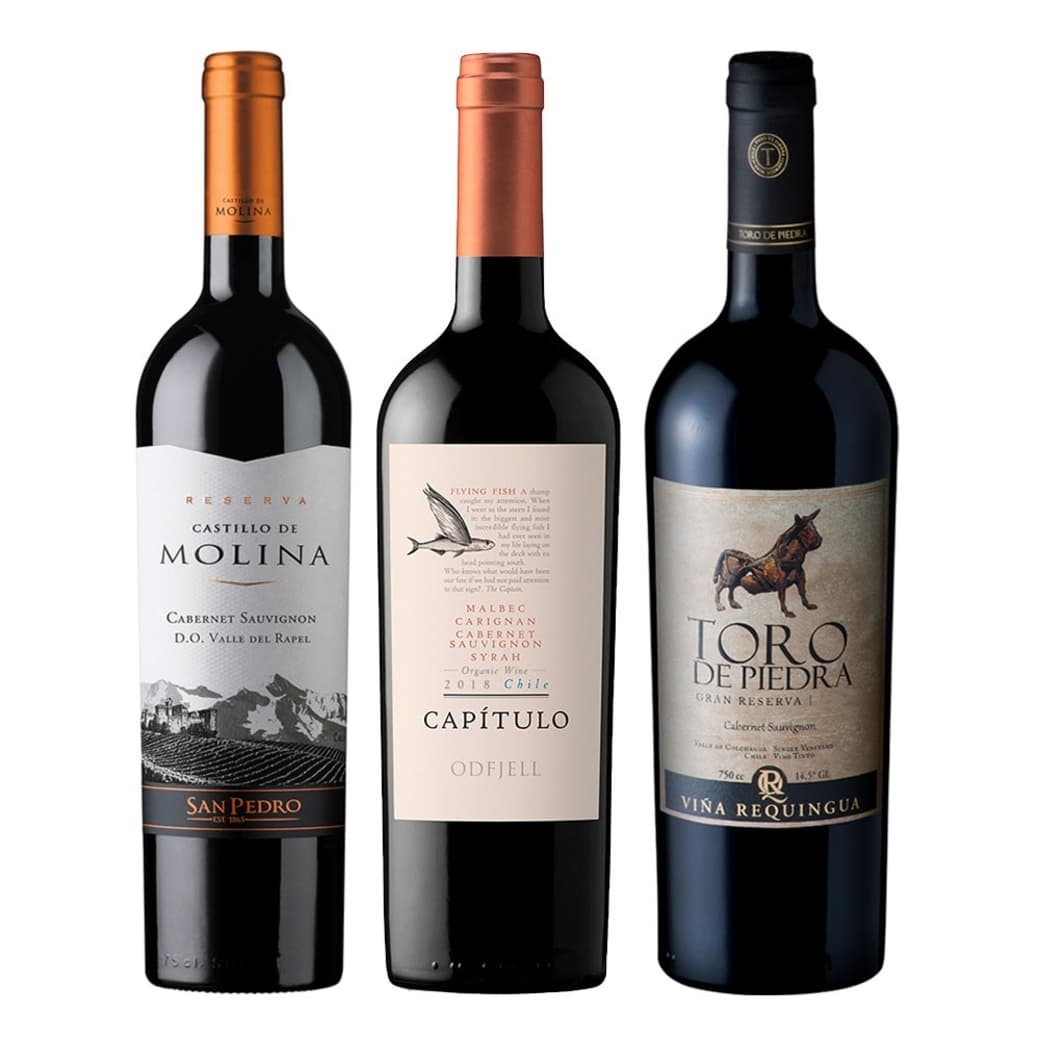 GRAN TRIO Nº4: 1x Vino Castillo de Molina Reserva Cabernet Sauvignon 750cc + 1x Vino Odfjell Gran Reserva Capítulo Flying Fish (CA/CS/MA/SY) 750cc + 1x Vino Toro de Piedra Cabernet Sauvignon 750cc_1