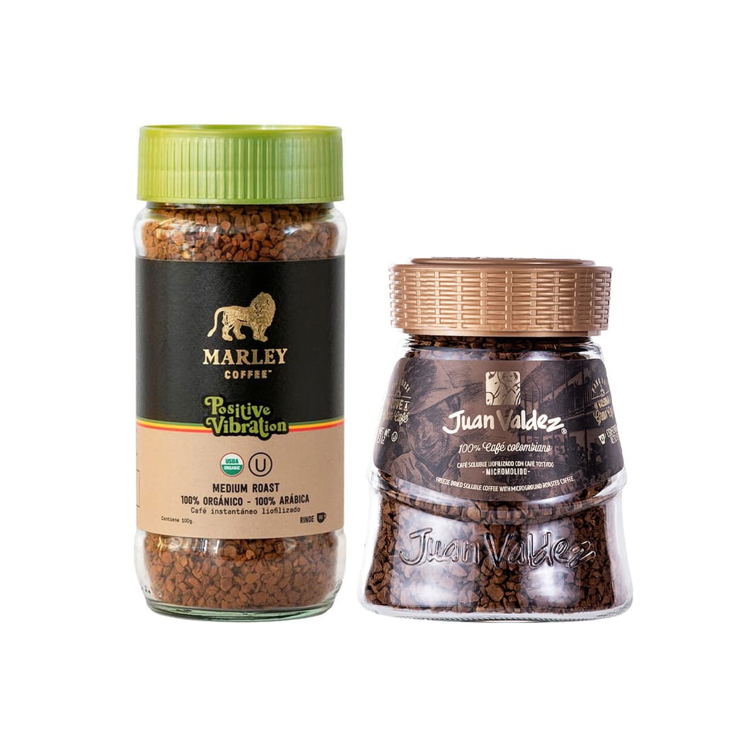 DUO JUAN VALDEZ - MARLEY: 1x Café Juan Valdez Instantáneo Tradicional Liofilizado 95 grs. + 1x Café Orgánico Instantáneo Marley Coffee Positive Vibration 100 grs._1
