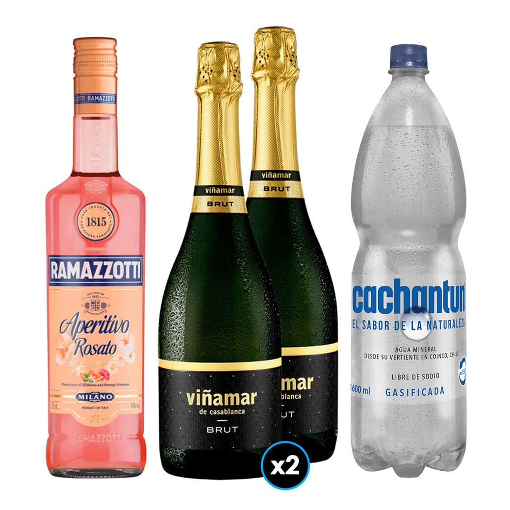 PACK SPRITZ PERFECTO N°13 1x Licor Aperitivo Ramazzotti Rosato 700cc  + 2x Espumante Viñamar Charmat Brut 750cc + 1x Agua Mineral Cachantun Con Gas 1.6 Litros_1