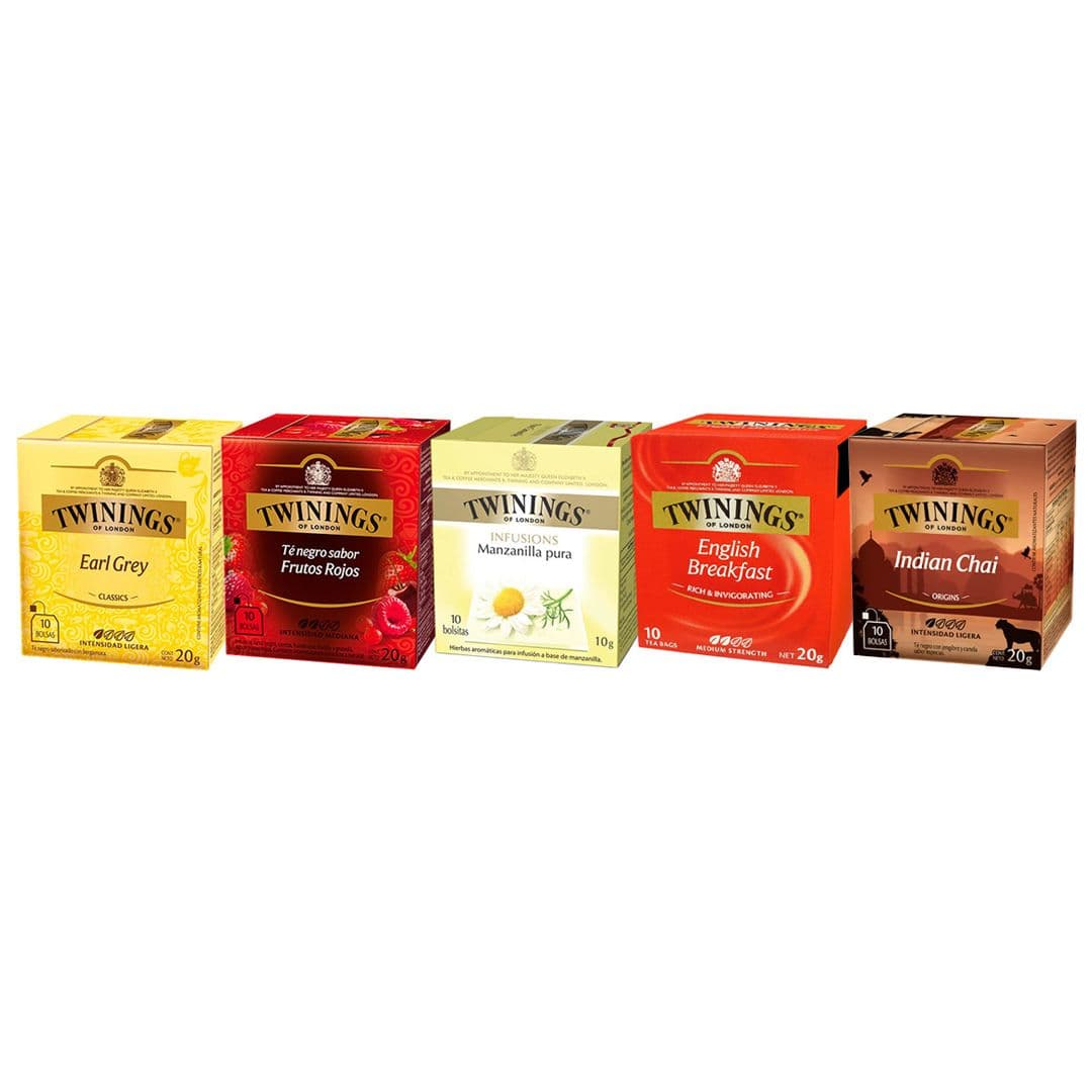 PACK TWININGS 5 VARIEDADES (English Breakfast - Earl Grey - Indian Chai - Manzanilla - Frutos Rojos): 5x Té e Infusiones Twinings 10 Bolsitas_1