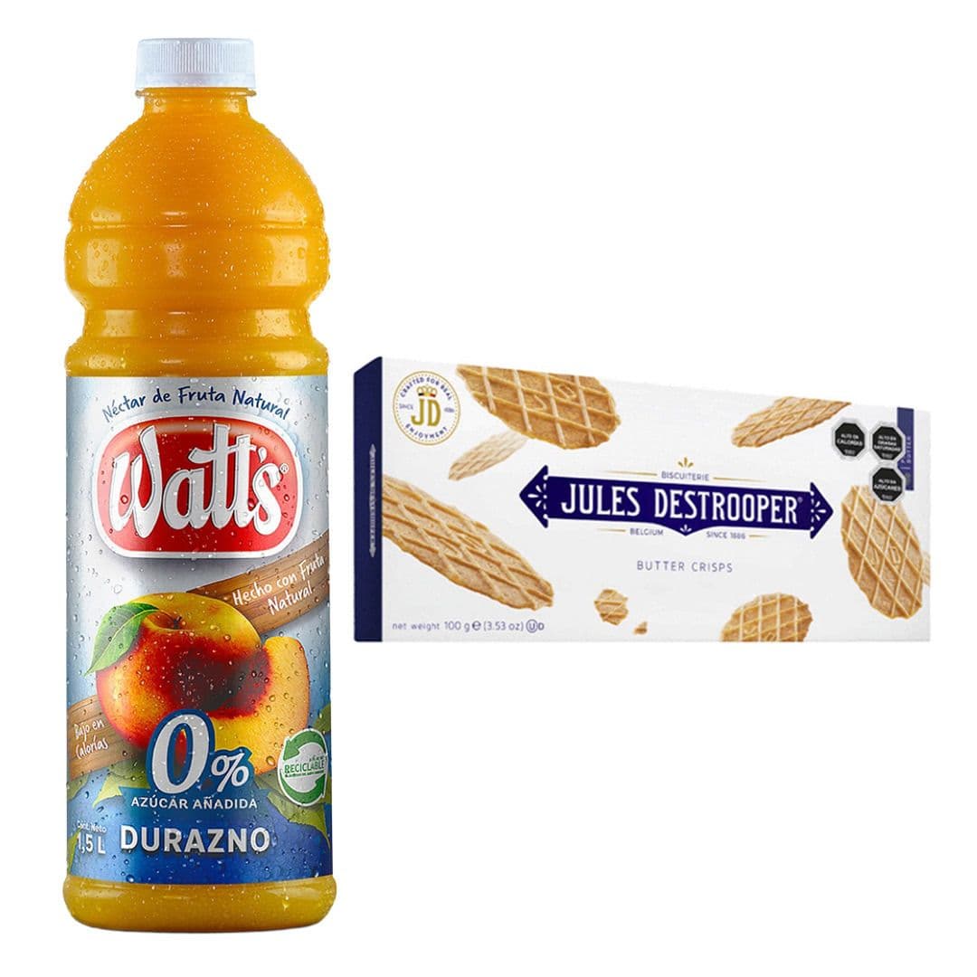 Pack: Jugo Watts Durazno Light 1,5 Litros + Galleta Waffle Jules Destrooper Butter Crisp 100grs_1