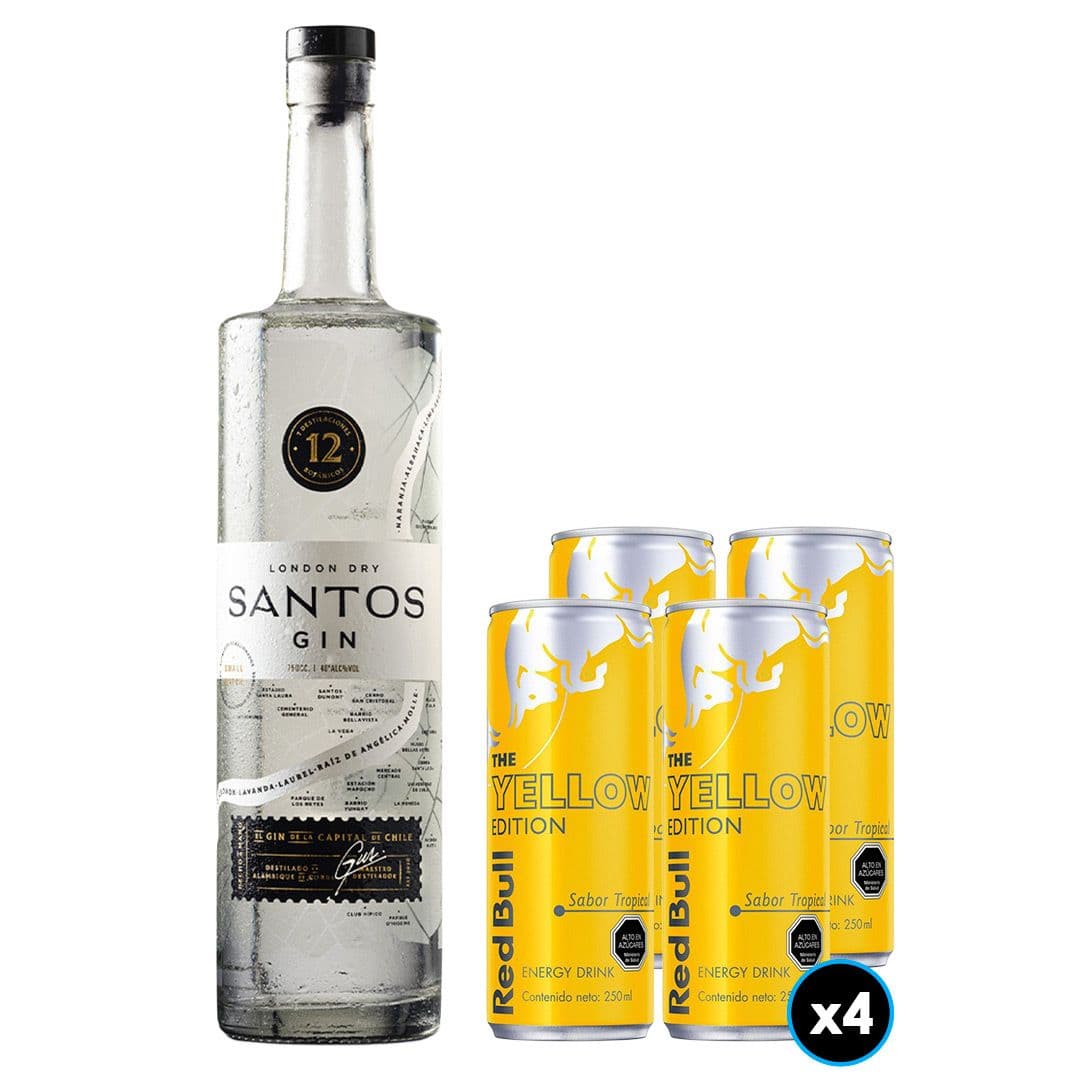 PACK TROPICAL GIN N°2: 1x Gin Santos 40°alc. 750cc + 4x Bebida Energética Red Bull Yellow Edition en Lata 250cc_1