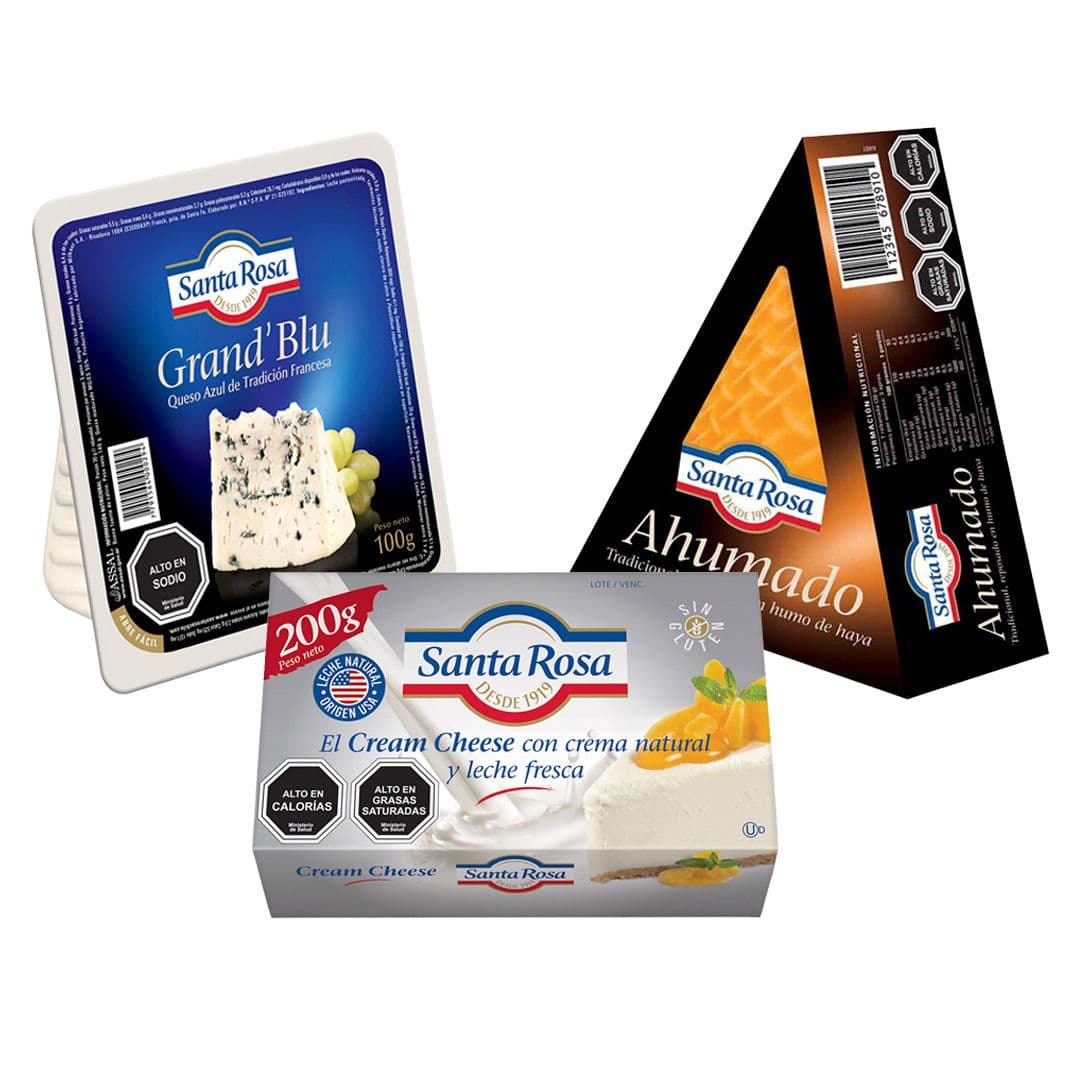 PACK TRIO SANTA ROSA: 1x Queso Crema Americano Santa Rosa 200 grs. + 1x Queso Azul Cuña Santa Rosa 100 grs. + 1x Queso Ahumado Tradición Santa Rosa 100 grs._1