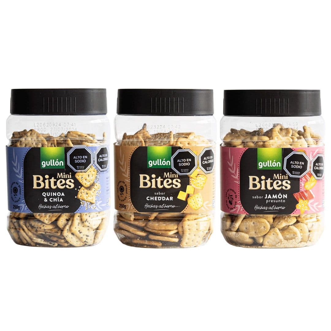 TRIO MINI BITES GULLON: 1x Galletas Mini Bites Jamon Gullon 250 gr + 1x Galletas Mini Bites Cheddar Gullon 250 gr + 1x Galletas Mini Bites Quinoa y Chía Gullon 250 gr_1