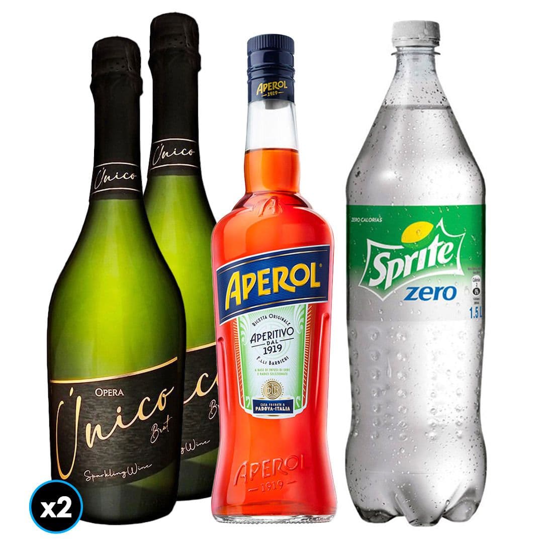 PACK ÚNICO: 2X Espumante Opera Único Brut 750cc + 1X Licor Aperitivo Aperol 750cc + 1X Bebida Sprite Sin Azúcar 1.5 L_1