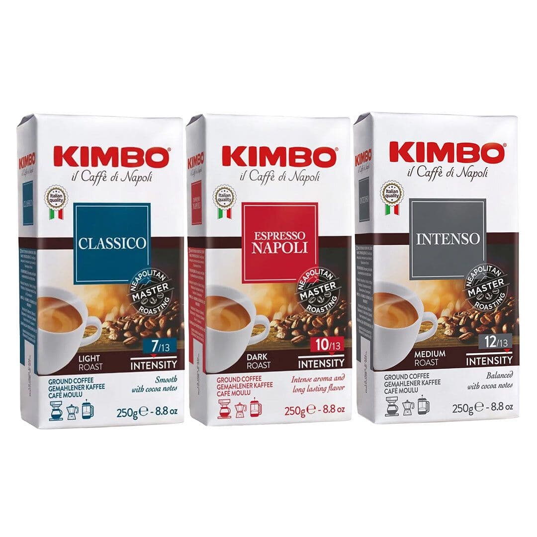TRIO CAFÉ MOLIDO KIMBO (Intenso - Classico - Espresso Napoli): 3x Variedades 250 grs._1
