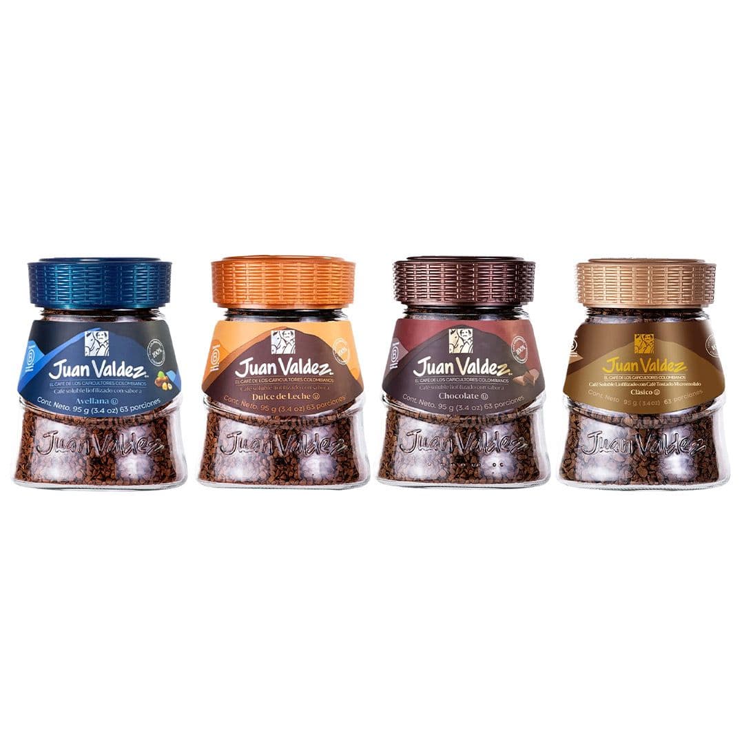PACK JUAN VALDEZ LIOFILIZADO (Tradicional - Avellana - Chocolate - Dulce de Leche): 4x Variedades Café Instantáneo 95 grs._1