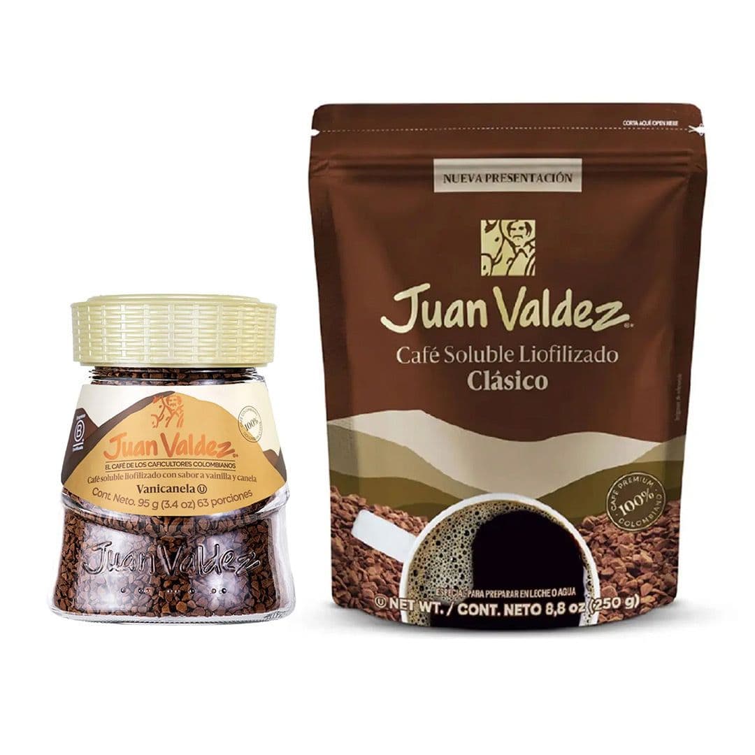 DÚO JUAN VALDEZ INSTANTÁNEO: 1x Café Liofilizado 250 grs. + 1x Café Liofilizado Vainicanela 95 grs._1
