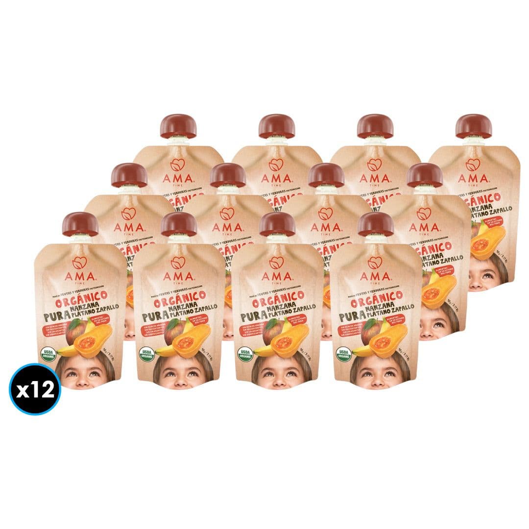12x Puré Orgánico Ama Manzana Plátano Zapallo 90 gramos_1