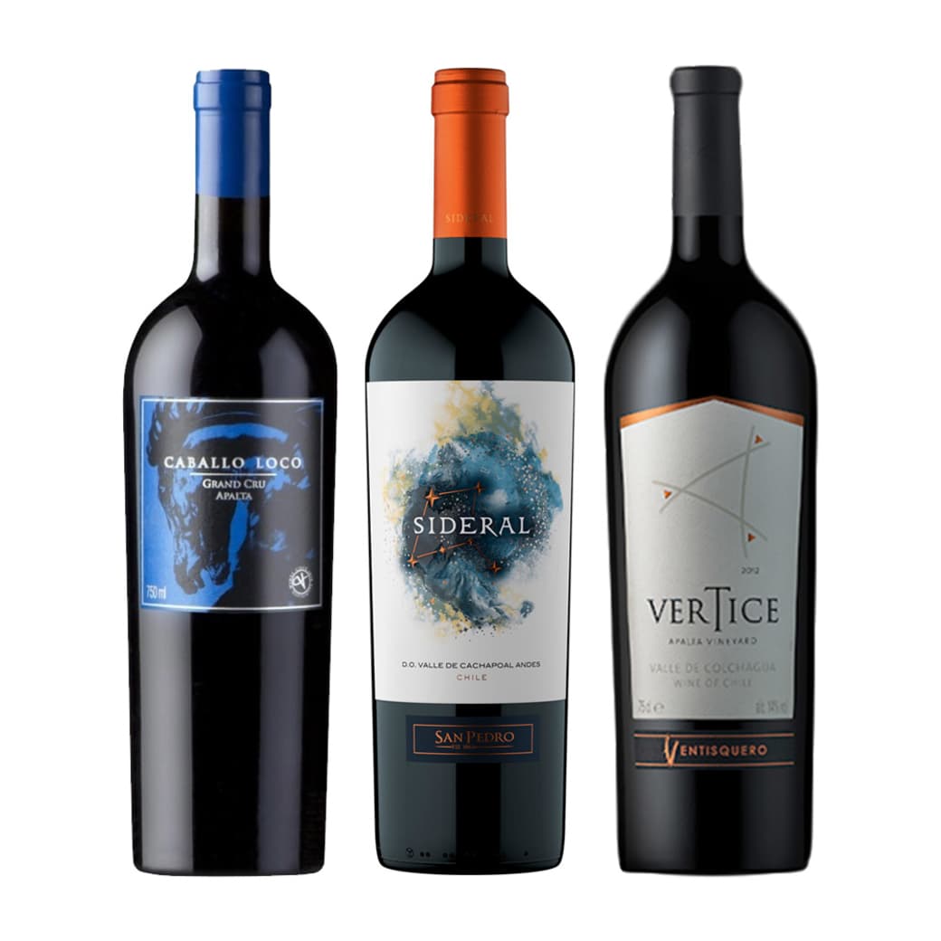 PACK LOCO SIDERAL VERTICE: Vino Caballo Loco Grand Cru Apalta 750cc + Vino Sideral Blend 750cc + Vino Ventisquero Vértice 750cc_1